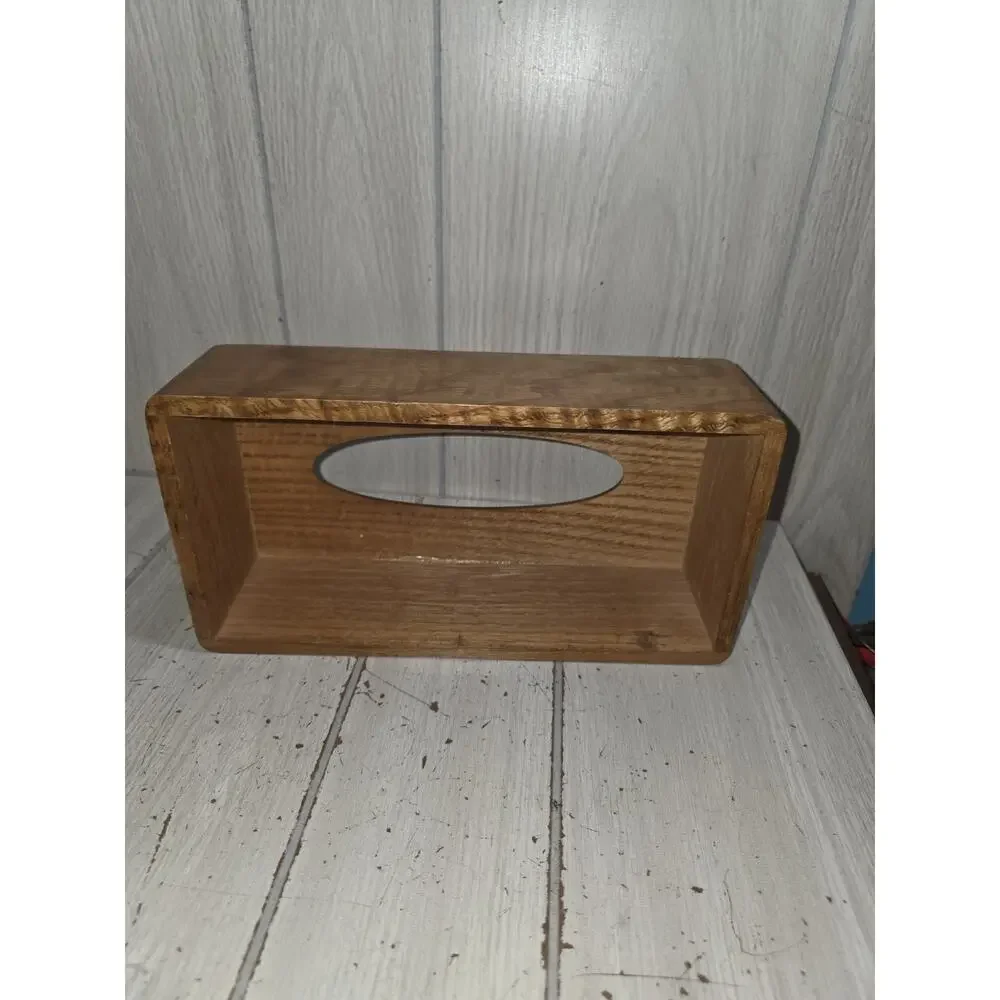 Vtg Oak Tissue Box Cover Dispenser Solid Wood Rectangle MCM Kleenex Farmhouse